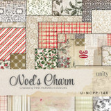 Noel's Charm 6x6 paper pack cover — vintage Christmas patterns in cream and red: plaid, holly, damask and aged botanical prints.