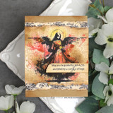 Card made with Noel's Charm paper — a torn aged panel behind a grunge angel with 'May you be guided by grace and lifted by wings of hope.'