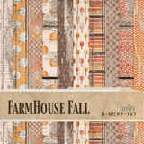Farmhouse Fall 6x6 paper pack cover showing rustic autumn wood, dot and stripe prints in orange and cream