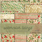 Watercolor Tidings 6x6 paper pack cover showing soft watercolor Christmas trees, holly and striped prints