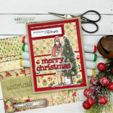 Christmas card made with Watercolor Tidings paper, a girl in a red hat trimming a tree beside a 'Merry Christmas' greeting