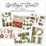 The Rustic Christmas ephemera pack from Unity Stamp Co — seven sheets of holiday cut-aparts, frames and wreaths in rustic red and green florals, holly and berries, shown as a fanned stack labeled to match the Rustic Christmas paper pack.