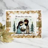 A card project showing a nativity of Mary, Joseph and baby Jesus, paired with the greeting "Love born for us."