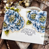 Card with blue watercolor blooms and 'Be strong and take heart, all you who hope in the Lord.'
