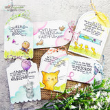 Set of tags with scripture verses, colored animals, and 'Joyful in hope, patient in trouble, faithful in prayer.'