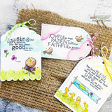 Burlap-mounted tags stamped with scripture and painted chicks and a mouse.