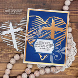 Navy card with a die-cut cross over a heart and 'Be strong and take heart, all you who hope in the Lord.'