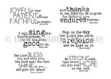 Black-and-white scripture stamp set: verses including 'I will sing the Lord's praise, for He has been good to me' and 'The Lord bless you and keep you.'