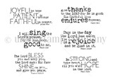 Red rubber stamp sheet of scripture sentiments including 'This is the day the Lord has made; let us rejoice and be glad in it.' and 'JOYFUL in hope PATIENT in trouble FAITHFUL in prayer.'