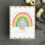 Card with a dog silhouette beneath a pastel rainbow, 'Our hearts go out to you.'