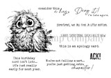 Red rubber stamp sheet showing a big eyed fluffy owl with apology and encouragement lines including 'sometimes, we all feel a little ruffled.' and 'this is an apology card.'