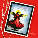 Red card with the dramatic dark-winged angel. May you be guided by grace and lifted by wings of hope.