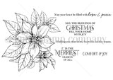 Poinsettia Comfort red rubber stamp set in line art: a detailed poinsettia bloom with leaves, plus the sentiments “May your heart be filled with hope & peace,” “MAY THE BLESSINGS OF CHRISTMAS FILL YOUR HOME WITH JOY,” “Holding you close in my heart this holiday season,” “IT IS THE MERRIEST SEASON OF ALL” and “COMFORT & JOY.” Illustrated by Lisa Arana.