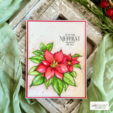 Red-framed white card with a vivid red poinsettia beneath “IT IS THE MERRIEST SEASON OF ALL.”