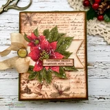 Vintage script-background card with a glittered red poinsettia, gold ribbon and a “Christmas shines brightest with love” banner.