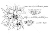 Red rubber stamp sheet with a large detailed poinsettia and leaves, alongside 'MAY THE BLESSINGS OF CHRISTMAS FILL YOUR HOME WITH JOY' and 'COMFORT & JOY'.