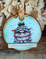 Ornament card featuring the grumpy hat-wearing cat on teal, with the sentiment 'Guess who's not in the holiday spirit?'