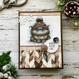 Rustic wood-and-button card with the grumpy cat in a knit hat and the sentiment 'Winter got me like.'