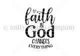 Itty bitty red-rubber stamp art: 'faith in God changes everything' in flowing brush script with a small heart.