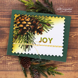 Pinecone and pine sprig on a green card, 'JOY,' with gold twine.