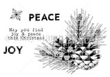 Red rubber stamp sheet with a large pine cone and long needled bough, alongside the bold 'PEACE' and 'JOY' and 'May you find joy & peace this Christmas'.