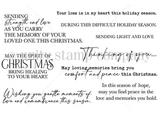 Christmas Comfort red rubber stamp art by Lisa Arana. Nine holiday sympathy sentiments for grief and remembrance.