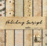 6x6 paper pack of vintage script and holiday papers in warm neutral tones, titled Holiday Script.
