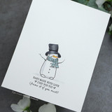 Minimalist card with the top-hat snowman stamped small under 'hand made with love, just for you (frame it if you must).'