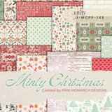 Cover of the Minty Christmas 6x6 paper pack, a collage of mint-green and red Christmas patterns — florals, snowflakes and dots — labeled 'Minty Christmas'.
