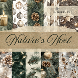 6x6 paper pack of winter papers featuring pinecones, evergreens and ornaments, titled Nature's Noel.