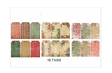 Sheet of 18 die-cut Holiday Traditions gift tags in red, green and kraft with striped and vintage botanical Christmas prints.