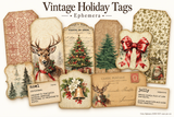 The Vintage Holiday Tags ephemera pack - a fan of aged tags printed with a Christmas tree, red berries, postal marks and old French text, with the pack label resting on top.