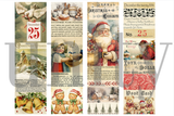 Four tall collage strips from the Collage Holiday Strips pack - white doves over a snowy church, a girl with a Christmas plum pudding recipe, a red-suited Santa under a Grande Christmas Exhibition banner, and Santa with teddy bears above a vintage toys and dolls advertisement.