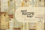 Aged Recipe Tags ephemera pack — vintage, distressed recipe cards and tags with handwritten recipes in sepia, cream and brown for kitchen-themed cards and junk journals, labeled 'aged Recipe tags.'