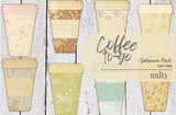Coffee To-Go ephemera pack — die-cut to-go coffee cups in soft floral and vintage patterns on whitewashed wood.
