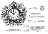 Line-art red rubber stamp sheet of an ornate antique clock wreathed in flowers, a vintage postmark and ledger script.