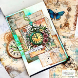 Layered mixed-media journal page with the floral clock, postmarks and a butterfly.