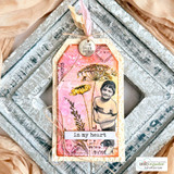 Grungy tag with vintage script, a portrait and 'in my heart.'