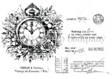Line-art red rubber stamp sheet of an ornate antique clock wreathed in flowers, a vintage postmark and ledger script.