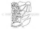 Red rubber stamp sheet with a tall stylized tulip beside the stacked lettering 'the Lord will Fight for you. You only need to be still', cited to Exodus 14:14.