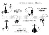 Purr-ty Cats red rubber stamp set in bold black line art: six slinky retro cats with curling tails, plus cat-pun sentiments including “you're the cats meow,” “nothing butt thanks,” “to one purr-ty lady,” “sorry to hear you're not feline well” and a cheeky birthday line.