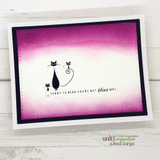 White card on a magenta ombre panel with two black cats and “sorry to hear you're not feline well.”