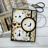 Vintage-collage card with kraft circles, tiny hearts and stamped cats, finished with “you're the cats meow.”