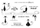 Purr-ty Cats red rubber stamp set in bold black line art: six slinky retro cats with curling tails, plus cat-pun sentiments including “you're the cats meow,” “nothing butt thanks,” “to one purr-ty lady,” “sorry to hear you're not feline well” and a cheeky birthday line.
