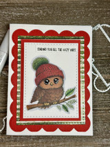 Red scalloped card with the owl in a red beanie and "Sending you all the cozy vibes"