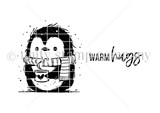 Black-and-white image of the little penguin in a scarf with "warm hugs"