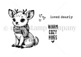 Little Love Deer stamp set: a sweet sitting fawn in a scarf with hearts, 'loved dearly' and 'warm cozy hugs' sentiments.
