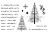 Simply Holiday stamp sheet: two sketchy line pine trees, two sparkle stars, a snowflake, a pine sprig, and eleven greetings including 'Merry Christmas', 'Happy Hanukkah', 'Warm winter wishes' and 'It's a wonderful life'.
