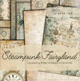 Steampunk Fairyland 6x6 paper pack. Vintage collage papers with clocks, keys, maps and muted florals in tan and blue, labeled 'Steampunk Fairyland.'