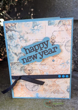 'Happy New Year' card made with Steampunk Fairyland papers, blue florals over vintage map and clock patterns.
